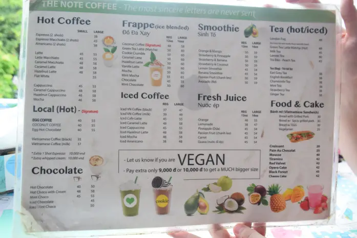 Note Coffee Hanoi menu